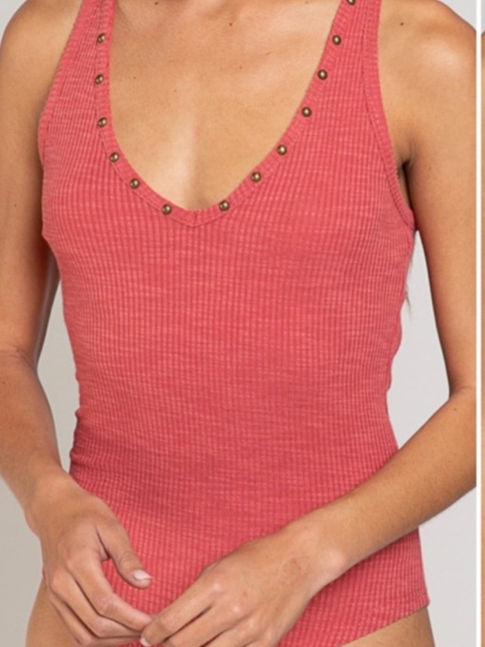 💕POL Ribbed Stud-Trim V-Neck Tank Bodysuit